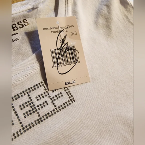 NEW Guess White Embellished Short Sleeve Tee Size M - Picture 4 of 9